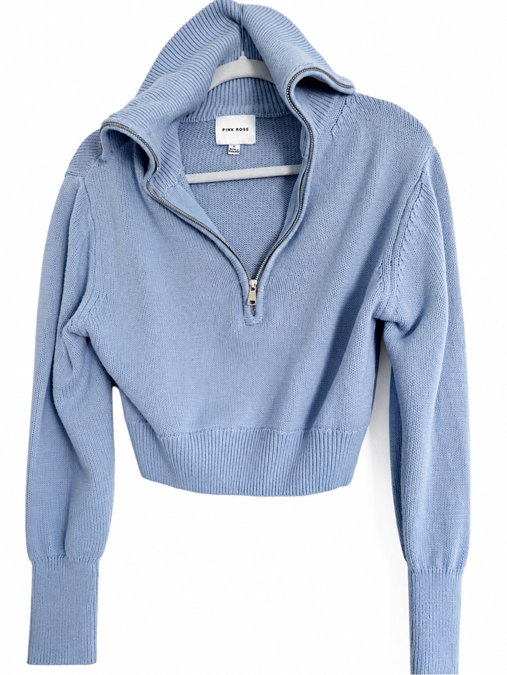 Pink Rose Dusty Blue Quarter-Zip Cropped Turtleneck Sweater